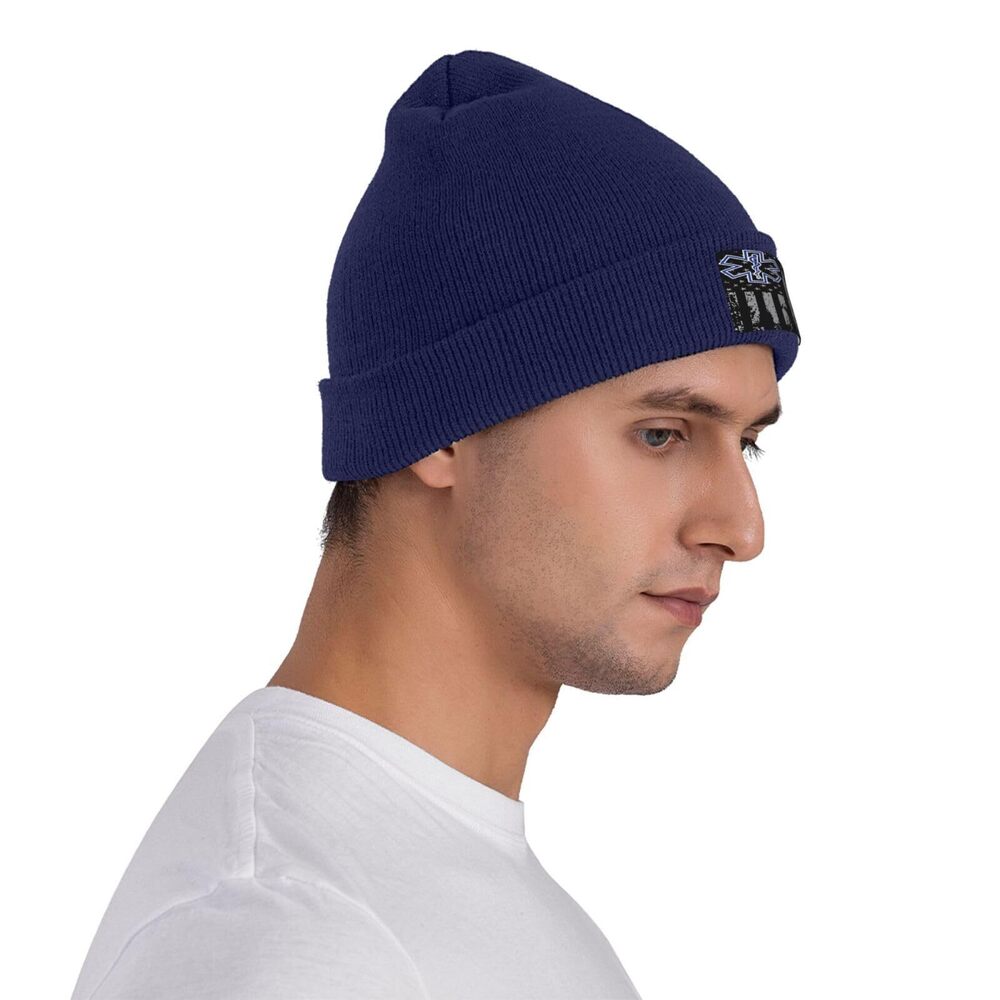 6067 Thin White Line EMS Paramedic American Flag Stretchy Knit Beanie Hat - Picture 5 of 7